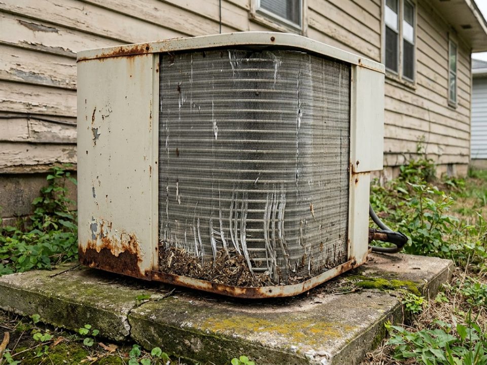 Before: condenser replaced and set on a level pad in New Jersey